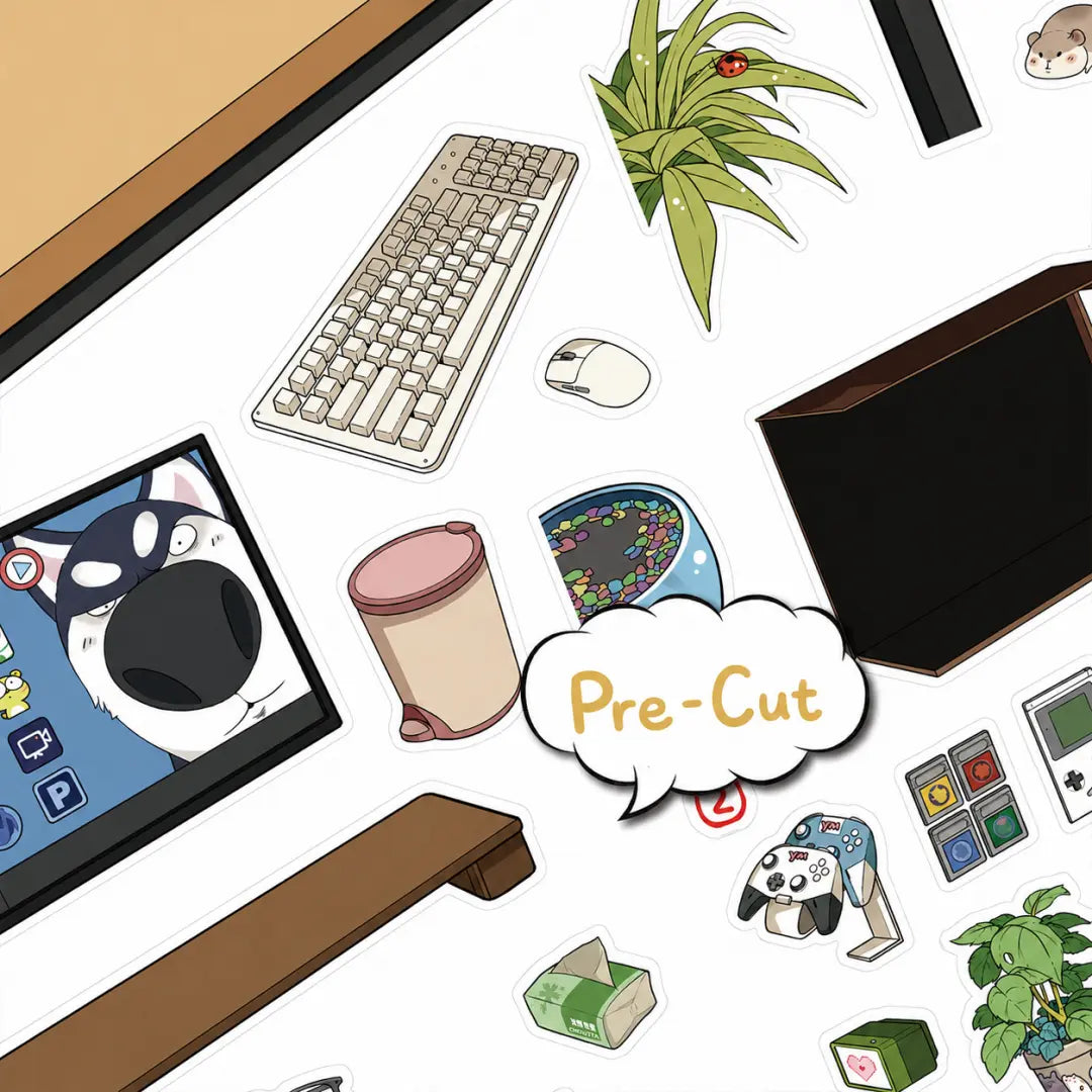 Close-up of pre-cut sticker pieces from the Cozy Moments in the TimeBox 3D scene sticker kit