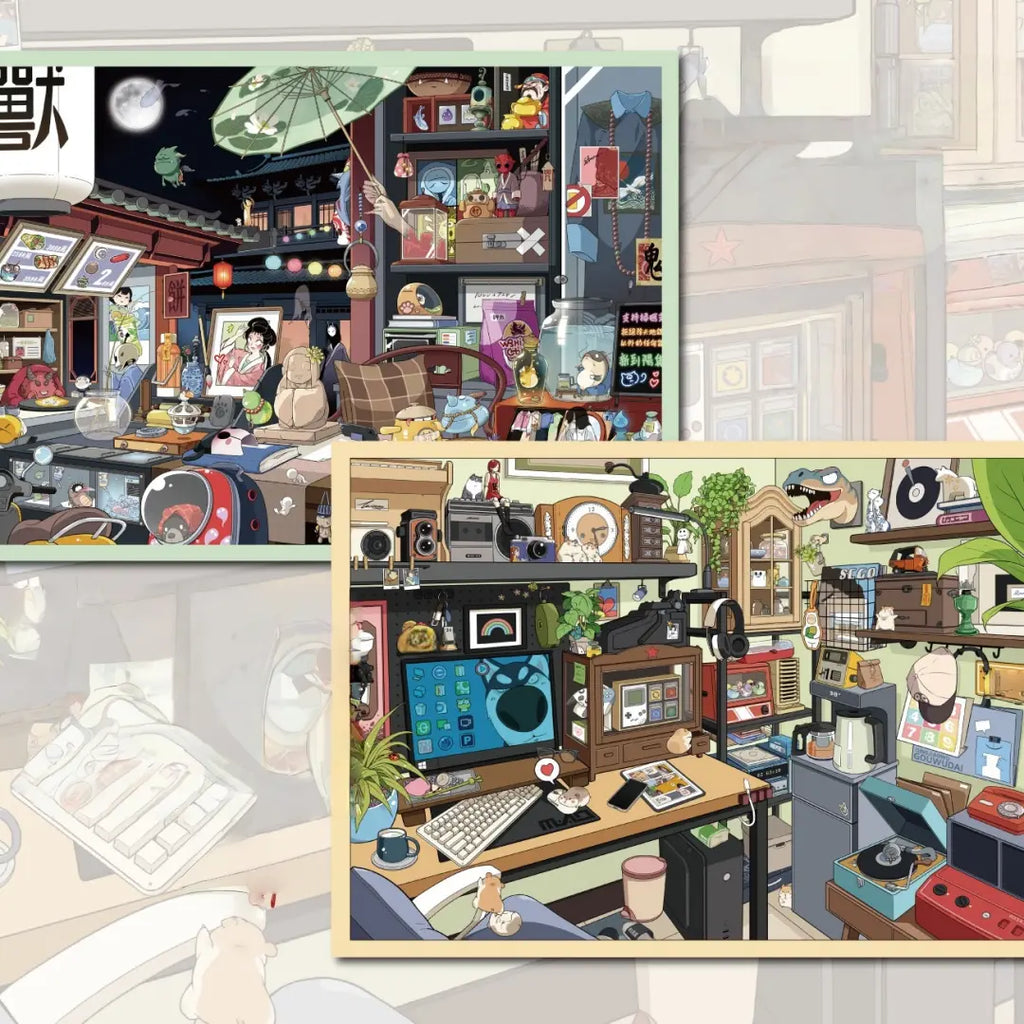 Cozy Moments in the TimeBox and Moonlit Hundred-Ghost Curio Town 3D scene sticker kit set showing both finished scene styles