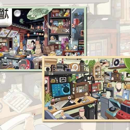 Cozy Moments in the TimeBox and Moonlit Hundred-Ghost Curio Town 3D scene sticker kit set showing both finished scene styles