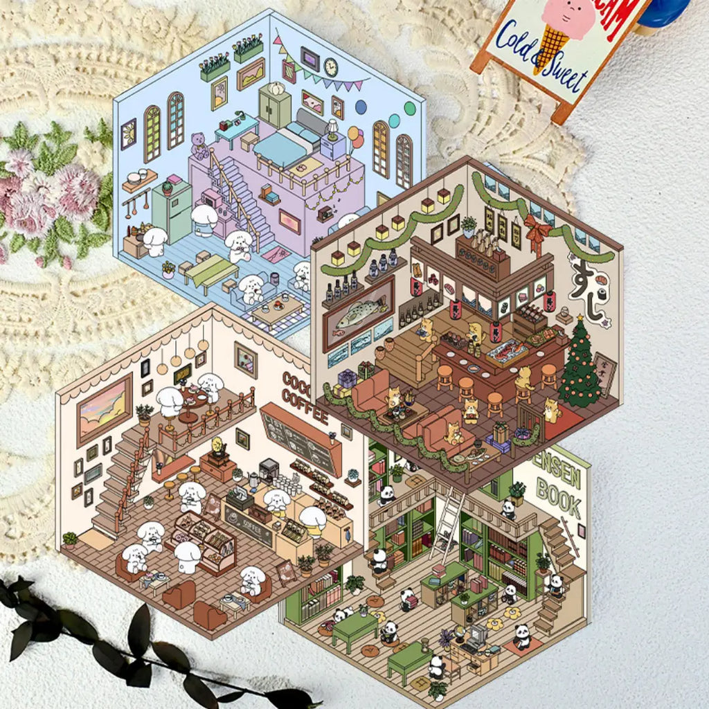 Cozy Room Stories 3D scene sticker kit set showing four finished miniature room scenes including a bedroom, bookstore, café, and Japanese-style dining room