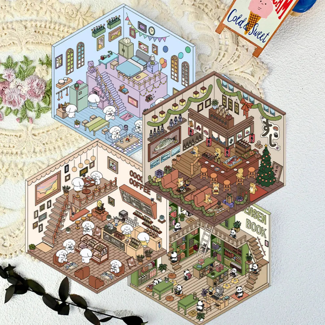 Cozy Room Stories 3D scene sticker kit set showing four finished miniature room scenes including a bedroom, bookstore, café, and Japanese-style dining room