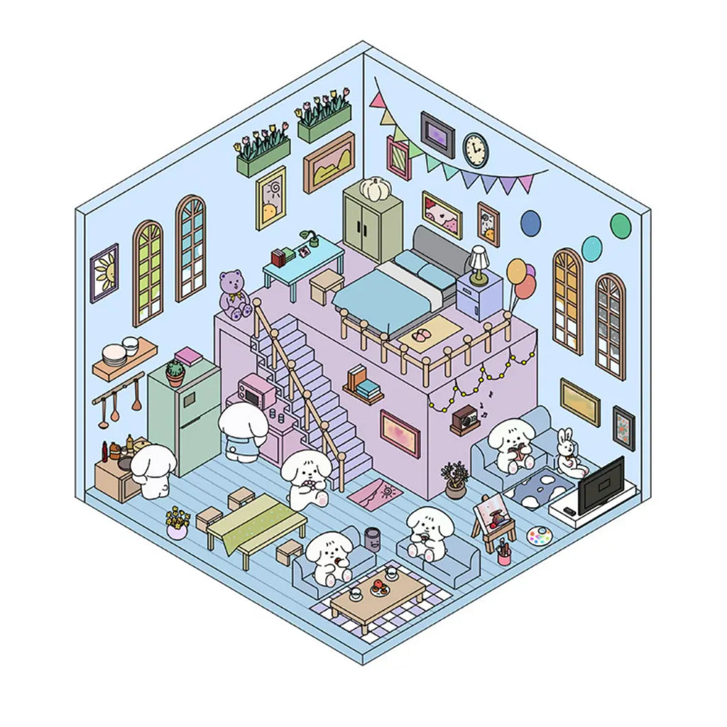 Blue bedroom 3D-look scene sticker with tiny beds, stairs, sofas, art supplies, and white dog characters