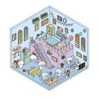 Blue bedroom 3D-look scene sticker with tiny beds, stairs, sofas, art supplies, and white dog characters