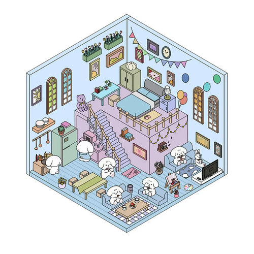 Blue bedroom 3D-look scene sticker with tiny beds, stairs, sofas, art supplies, and white dog characters