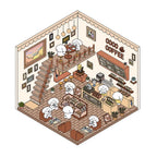 Coco Coffee 3D-look scene sticker with a cozy café interior, stairs, coffee counter, pastries, tables, and white dog characters