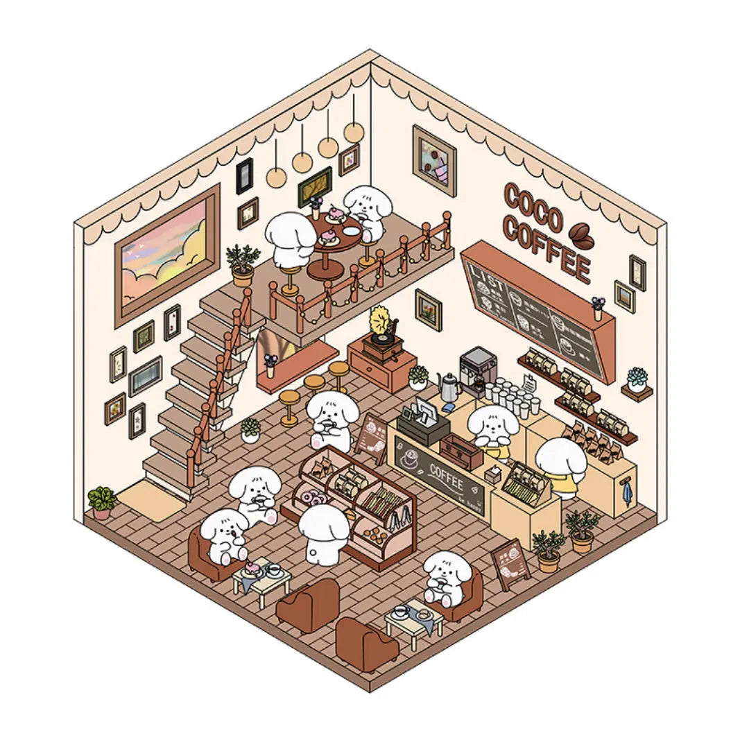 Coco Coffee 3D-look scene sticker with a cozy café interior, stairs, coffee counter, pastries, tables, and white dog characters