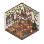 Japanese-style dining room 3D-look scene sticker with wooden bar seating, festive decorations, food displays, and small animal characters