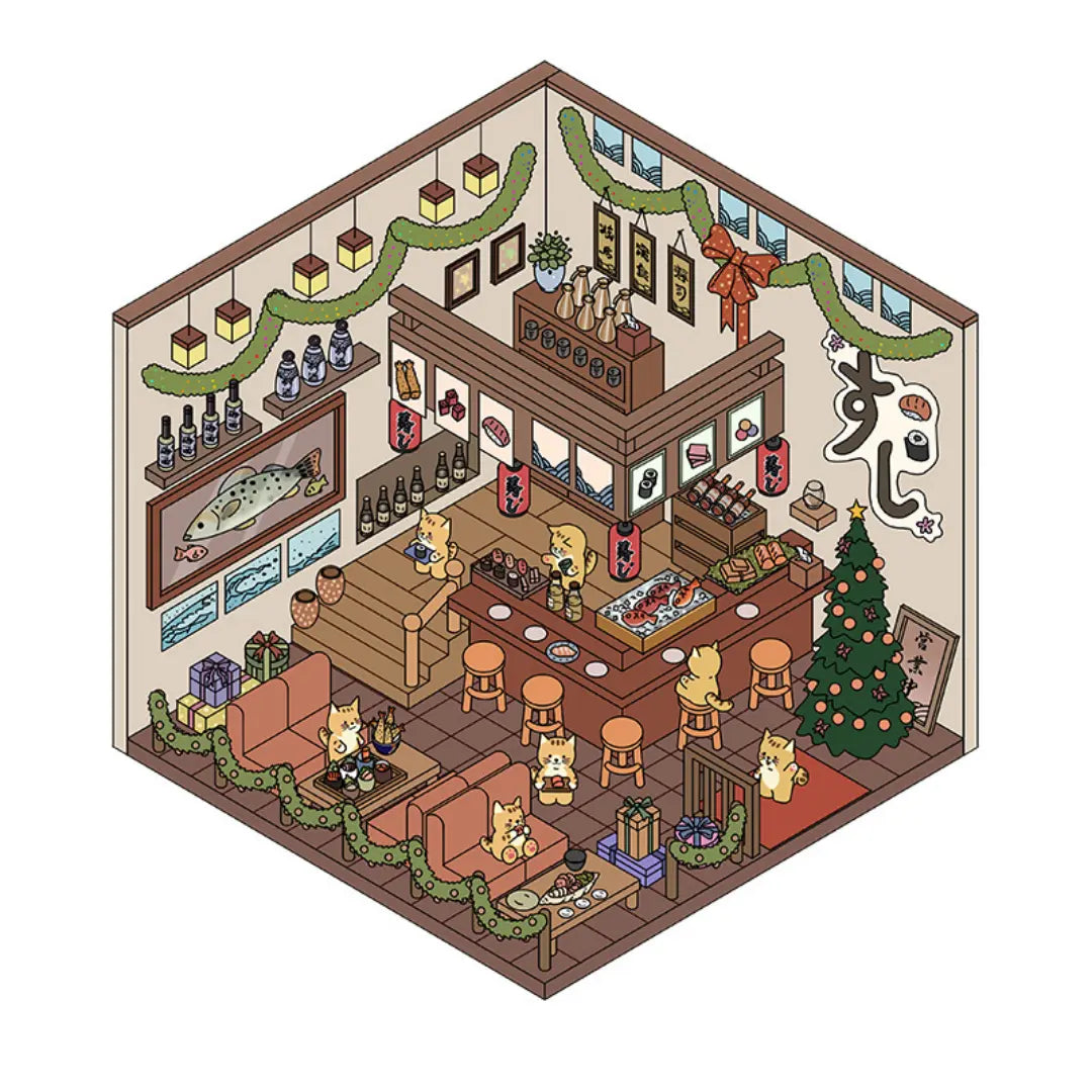Japanese-style dining room 3D-look scene sticker with wooden bar seating, festive decorations, food displays, and small animal characters