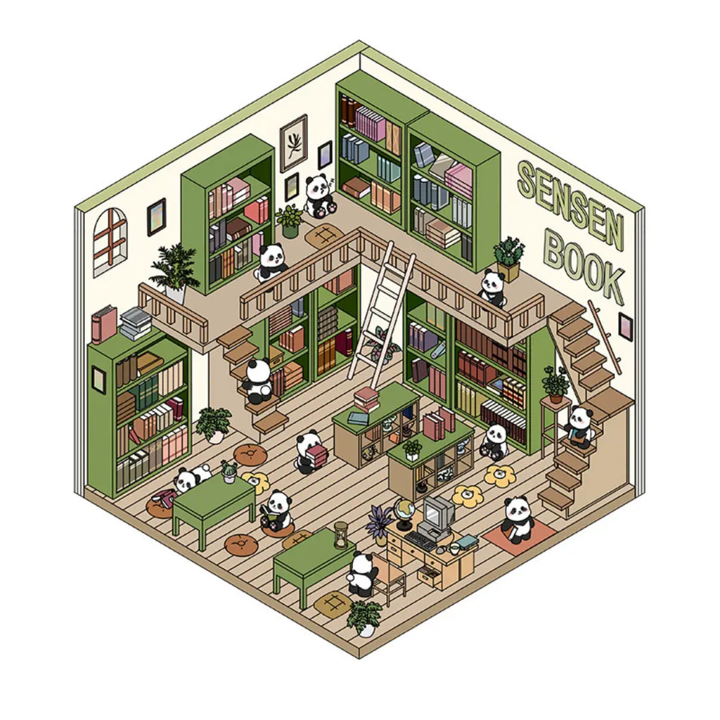 Panda bookstore 3D-look scene sticker with green bookshelves, stairs, reading tables, and panda characters
