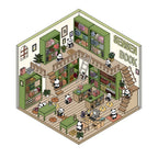 Panda bookstore 3D-look scene sticker with green bookshelves, stairs, reading tables, and panda characters