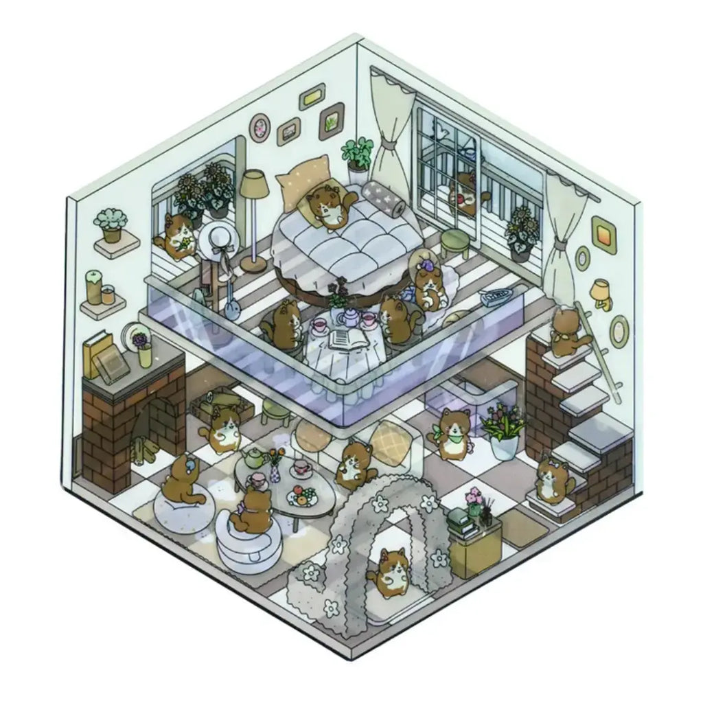 Cozy Shiba Bedroom 3D scene sticker kit with bed, stairs, tea table, and dog characters