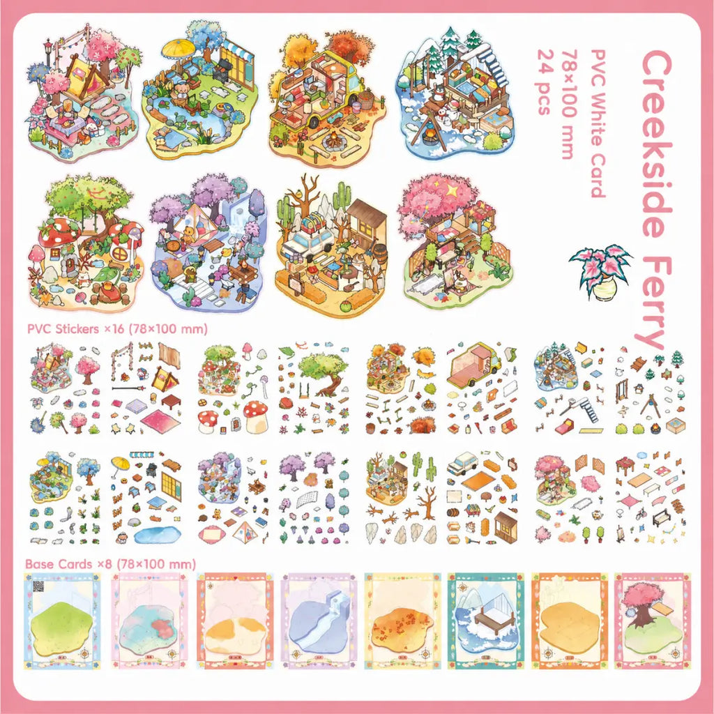 Creekside Ferry 3D scene sticker book contents showing eight base cards and sixteen PVC sticker sheets