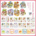 Creekside Ferry 3D scene sticker book contents showing eight base cards and sixteen PVC sticker sheets