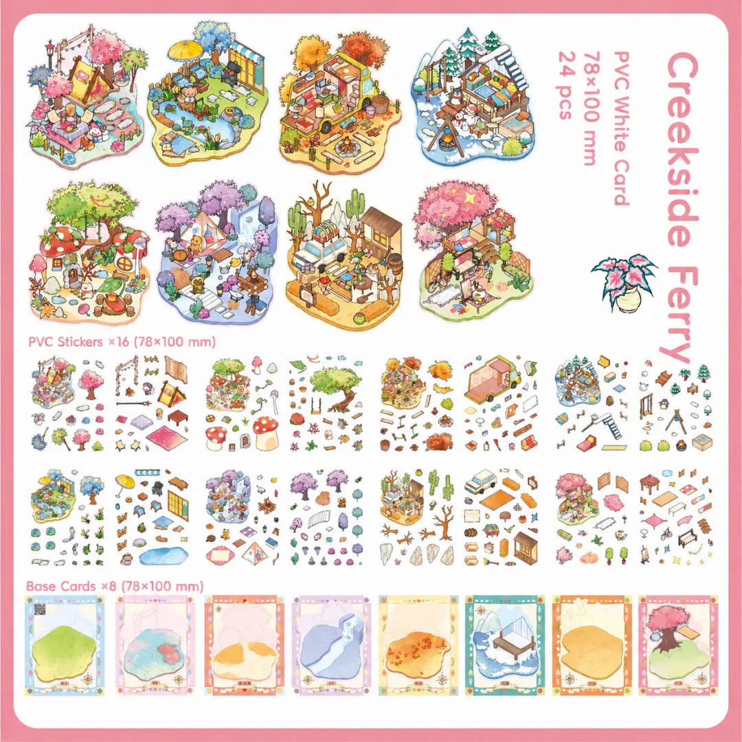 Creekside Ferry 3D scene sticker book contents showing eight base cards and sixteen PVC sticker sheets
