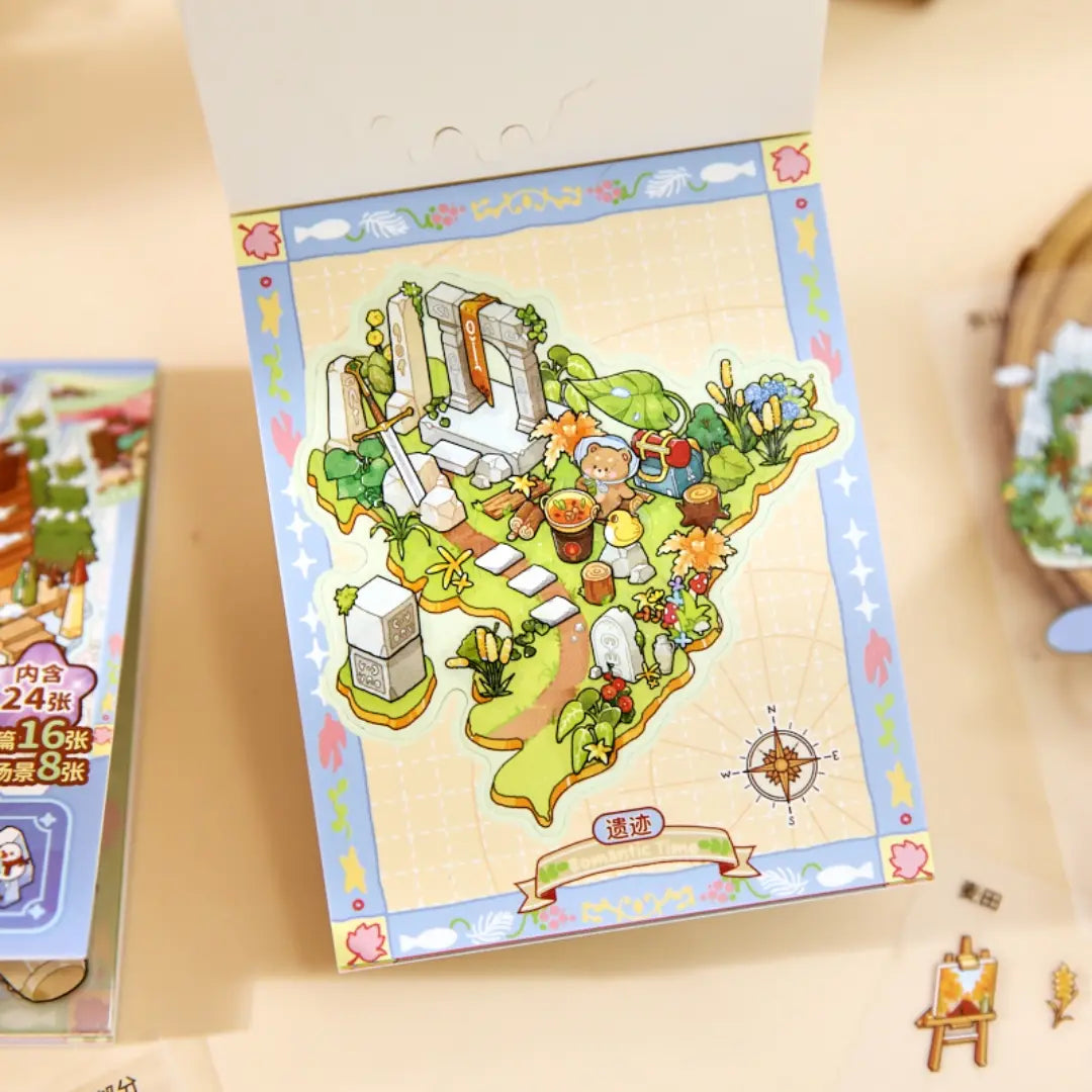 Finished Creekside Ferry mini scene displayed on a small base card with trees, ruins, flowers, and compass detail
