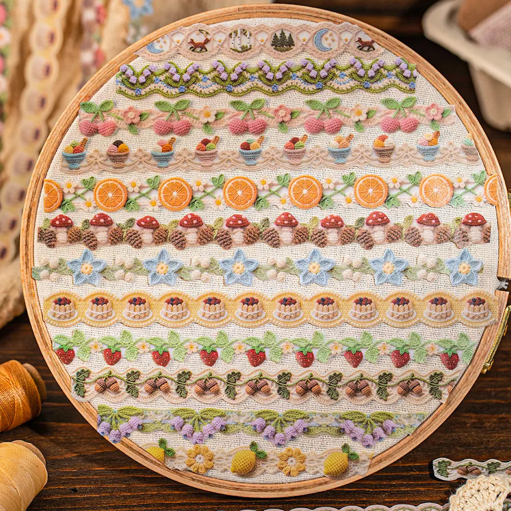 Crochet-inspired border journaling stickers displayed together in a decorative hoop layout