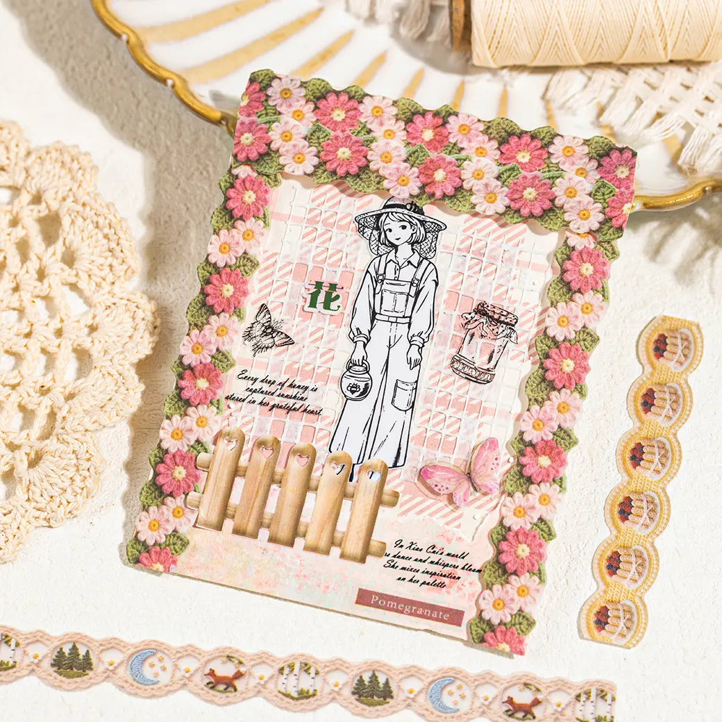 Journaling card decorated with floral crochet-look border stickers