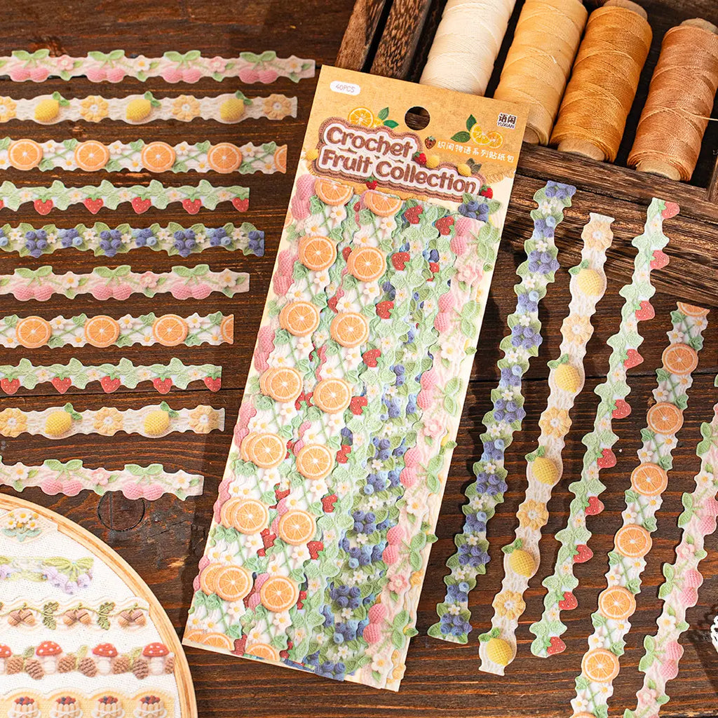 Crochet fruit-themed border stickers displayed with packaging and sticker strips