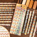 Crochet fruit-themed border stickers displayed with packaging and sticker strips