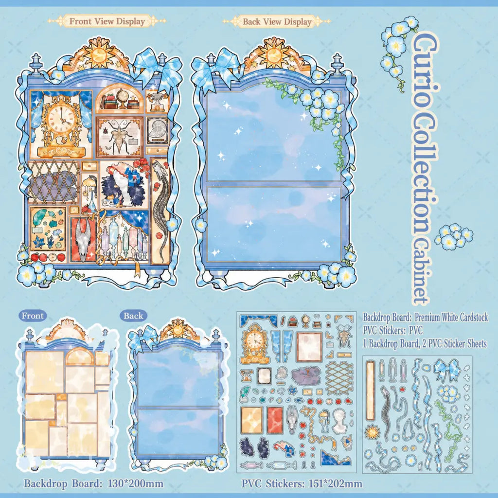 Curio Collection Cabinet 3D scene sticker kit with blue cabinet backdrop, clock, crystals, ribbons, and PVC sticker sheets