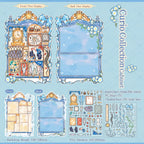 Curio Collection Cabinet 3D scene sticker kit with blue cabinet backdrop, clock, crystals, ribbons, and PVC sticker sheets
