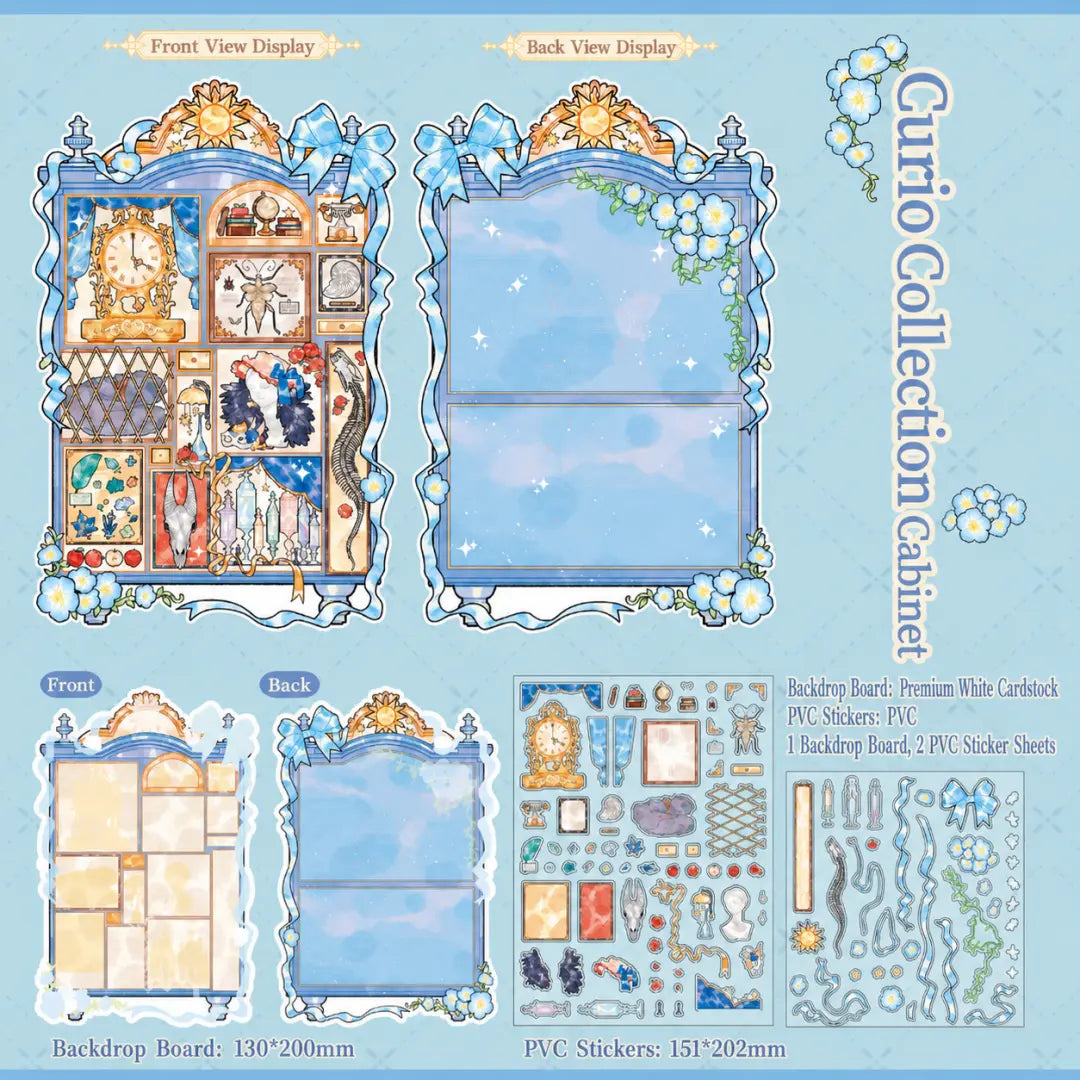 Curio Collection Cabinet 3D scene sticker kit with blue cabinet backdrop, clock, crystals, ribbons, and PVC sticker sheets