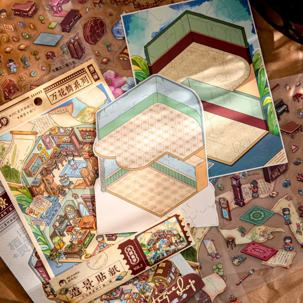 Scene backboards and PVC sticker sheets for Republican Reverie and Qiling Curio House 3D Scene Sticker Kits