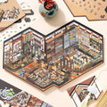 Curio Study 3D Scene Sticker Kit finished display with antique shelves, ceramics, tea sets, lanterns, and traditional-style miniature room details