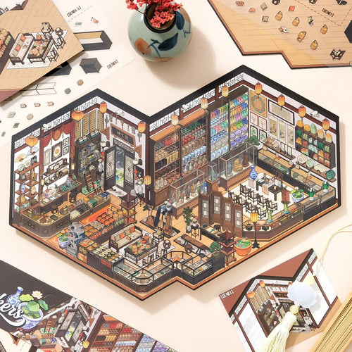 Curio Study 3D Scene Sticker Kit finished display with antique shelves, ceramics, tea sets, lanterns, and traditional-style miniature room details