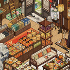 Close-up of the Curio Study miniature scene showing tea sets, books, ceramic displays, lanterns, and antique-style decor