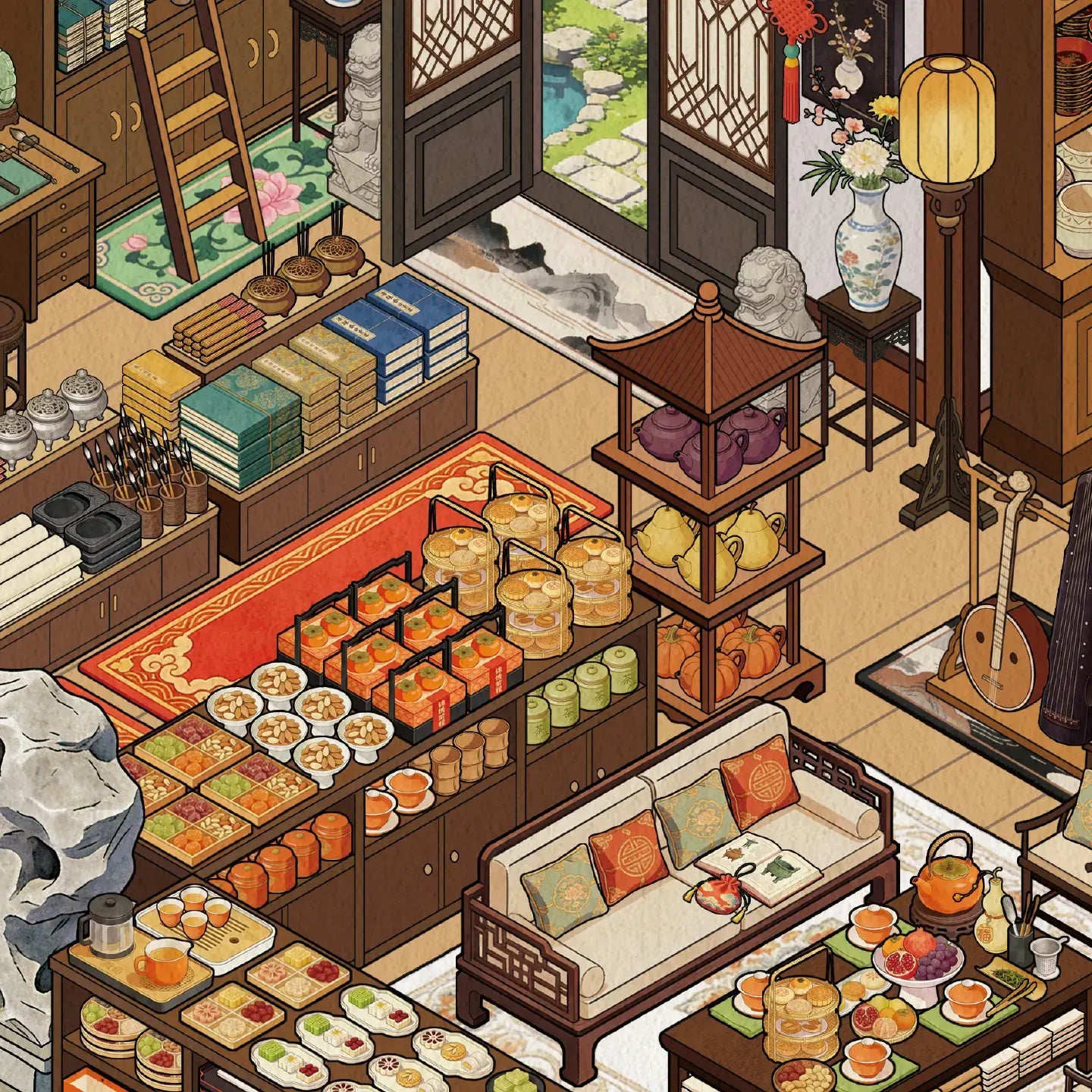 Close-up of the Curio Study miniature scene showing tea sets, books, ceramic displays, lanterns, and antique-style decor