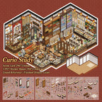Overview of the Curio Study 3D Scene Sticker Kit with one scene card, three PET sticker sheets, zoned reference, and finished display guide