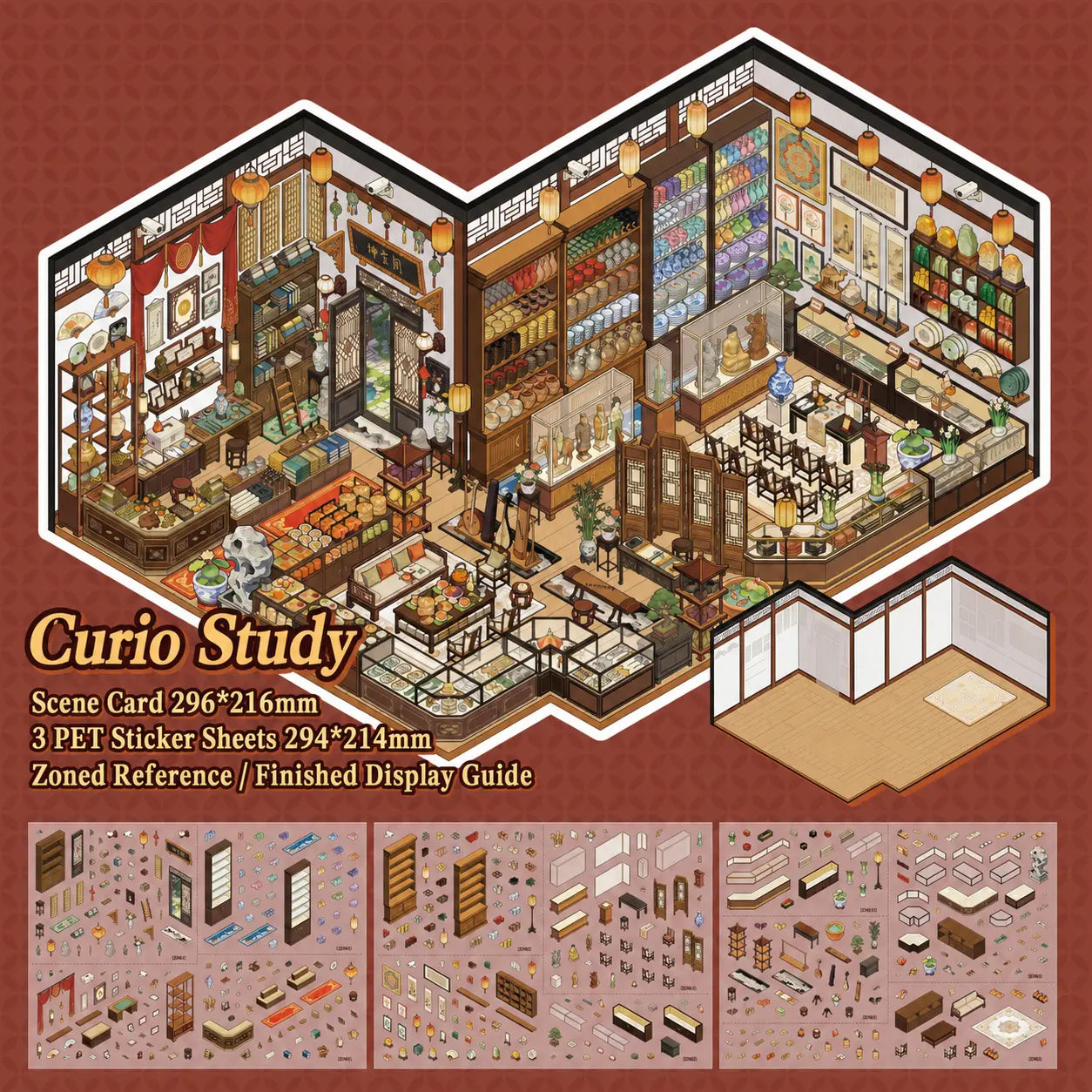 Overview of the Curio Study 3D Scene Sticker Kit with one scene card, three PET sticker sheets, zoned reference, and finished display guide