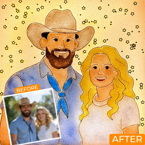 Before and after comparison showing a couple photo transformed into personalized illuminated sand art