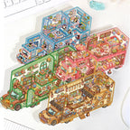 Set of four cute mobile home 3D scene sticker kits with blue, pink, green, and brown animal-themed vehicle house scenes