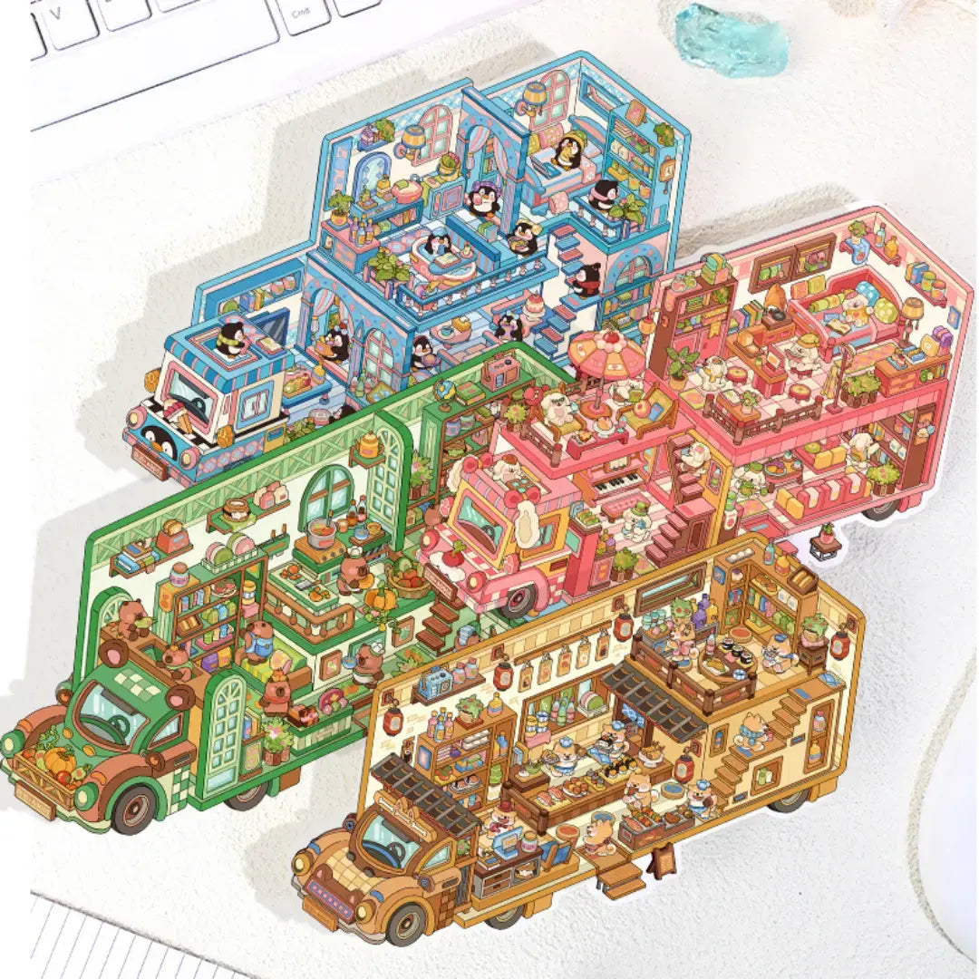 Set of four cute mobile home 3D scene sticker kits with blue, pink, green, and brown animal-themed vehicle house scenes