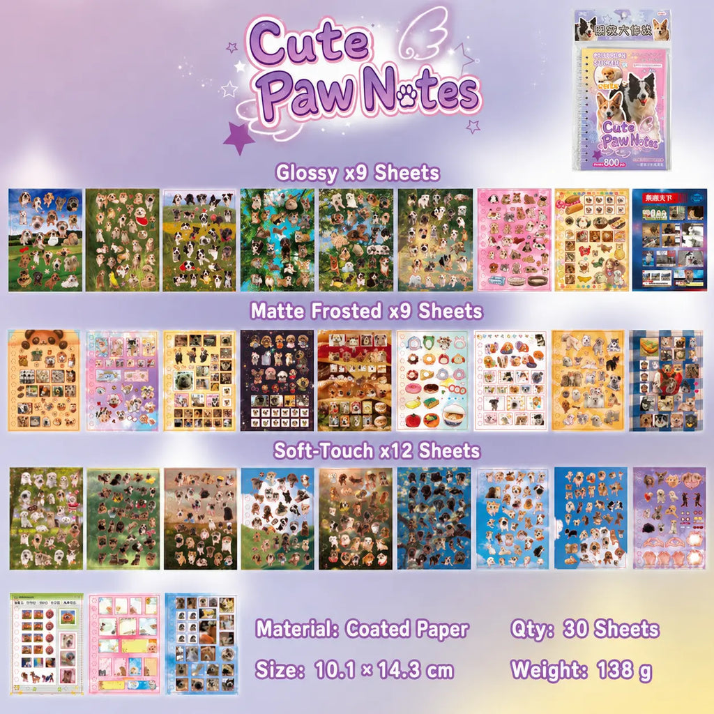 Cute Paw Notes dog journaling sticker sheets with glossy, matte frosted, and soft-touch designs