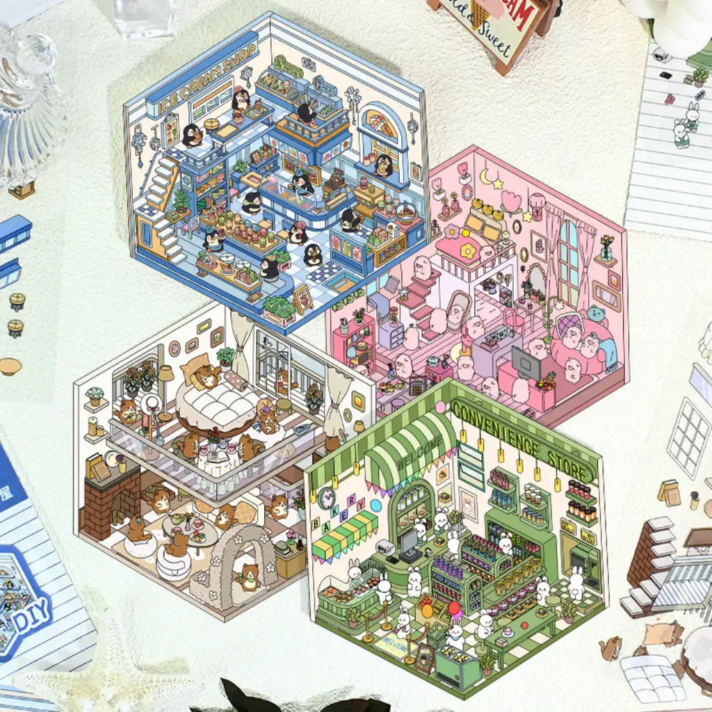 Cute pet rooms and shops 3D scene sticker kit set with four miniature room and shop designs