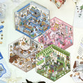Cute pet rooms and shops 3D scene sticker kit set with four miniature room and shop designs