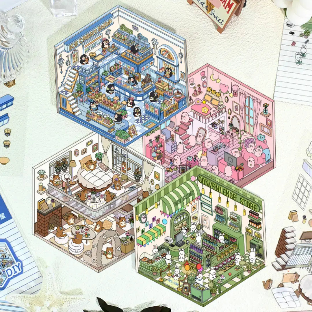 Cute pet rooms and shops 3D scene sticker kit set with four miniature room and shop designs