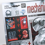 Close-up of a Cyber Illusion mechanical-style sticker sheet with chrome, red, and black details