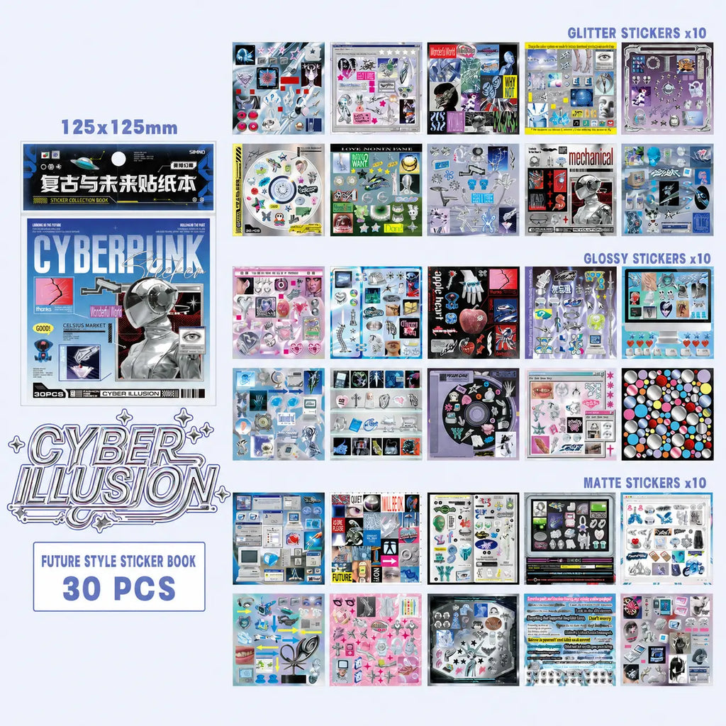 Cyber Illusion sticker sheet overview with glitter, glossy, and matte cyberpunk designs
