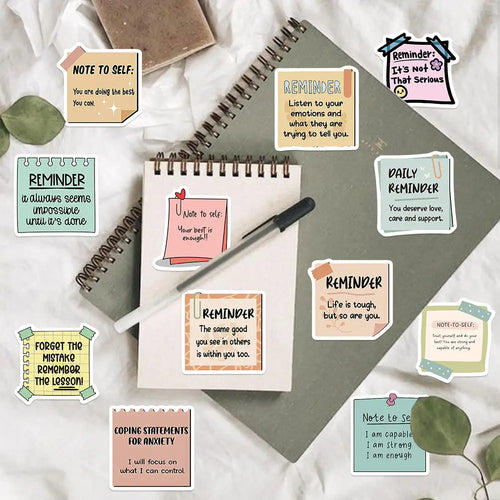 Daily Reminder Quotes sticky notes detail showing printed quote labels and pastel memo shapes for creative planning.