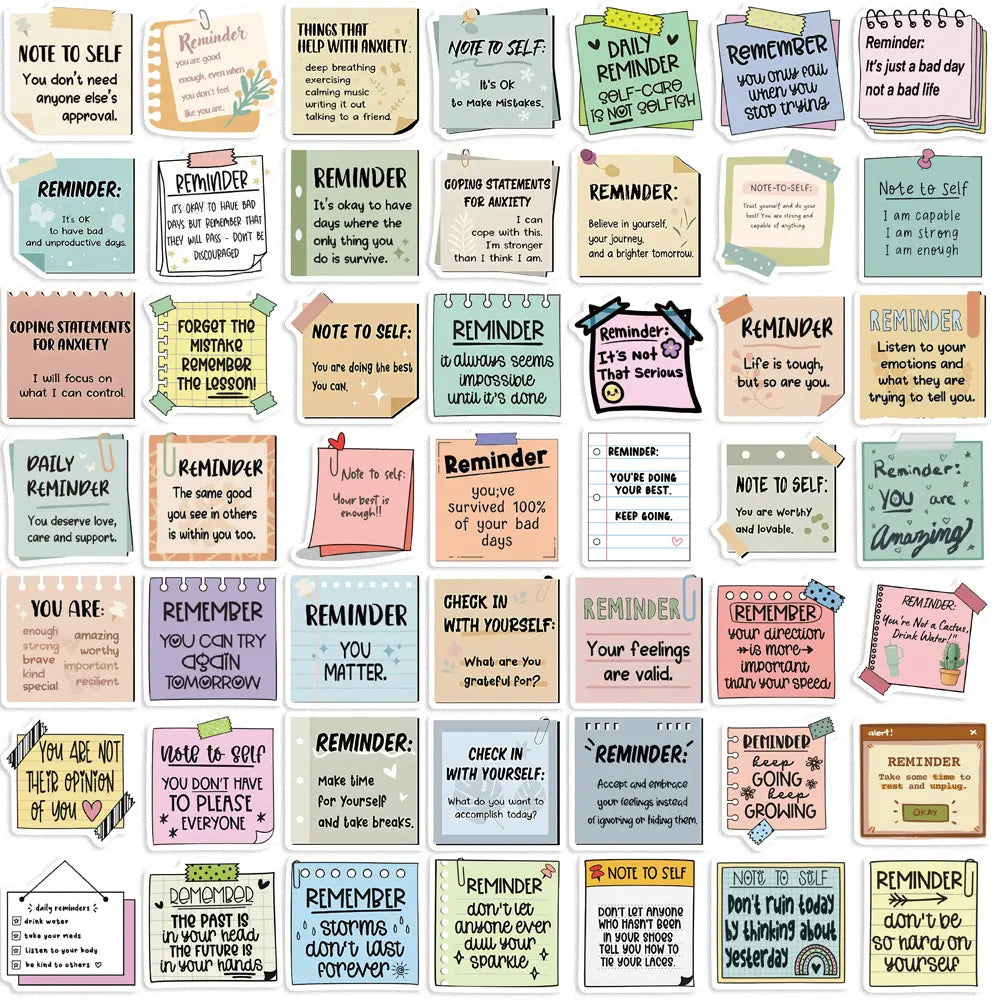 Daily Reminder Quotes sticky notes 50-piece quote set with assorted reminder labels for planners and journals.