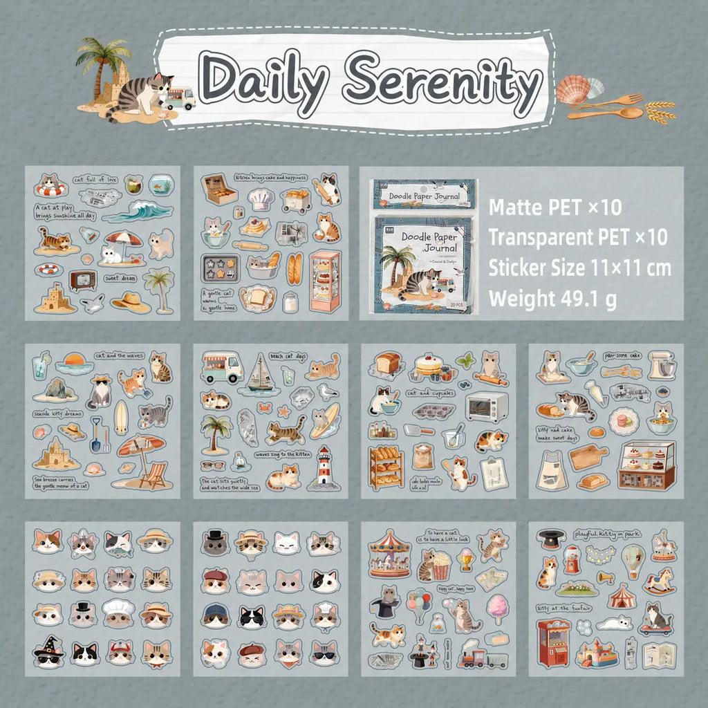 Daily Serenity cat journaling sticker pack with matte PET and transparent PET sticker sheets
