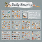 Daily Serenity cat journaling sticker pack with matte PET and transparent PET sticker sheets