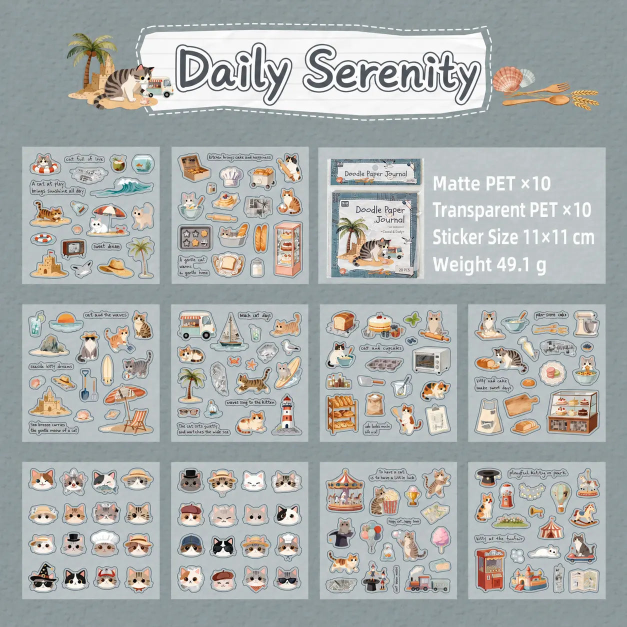 Daily Serenity cat journaling sticker pack with matte PET and transparent PET sticker sheets