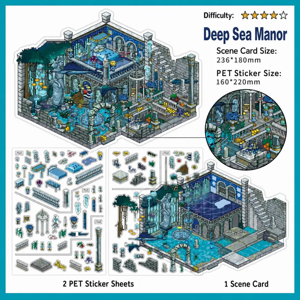 Deep Sea Manor scene sticker kit with blue gothic manor scene card and PET sticker sheets