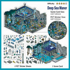 Deep Sea Manor scene sticker kit with blue gothic manor scene card and PET sticker sheets