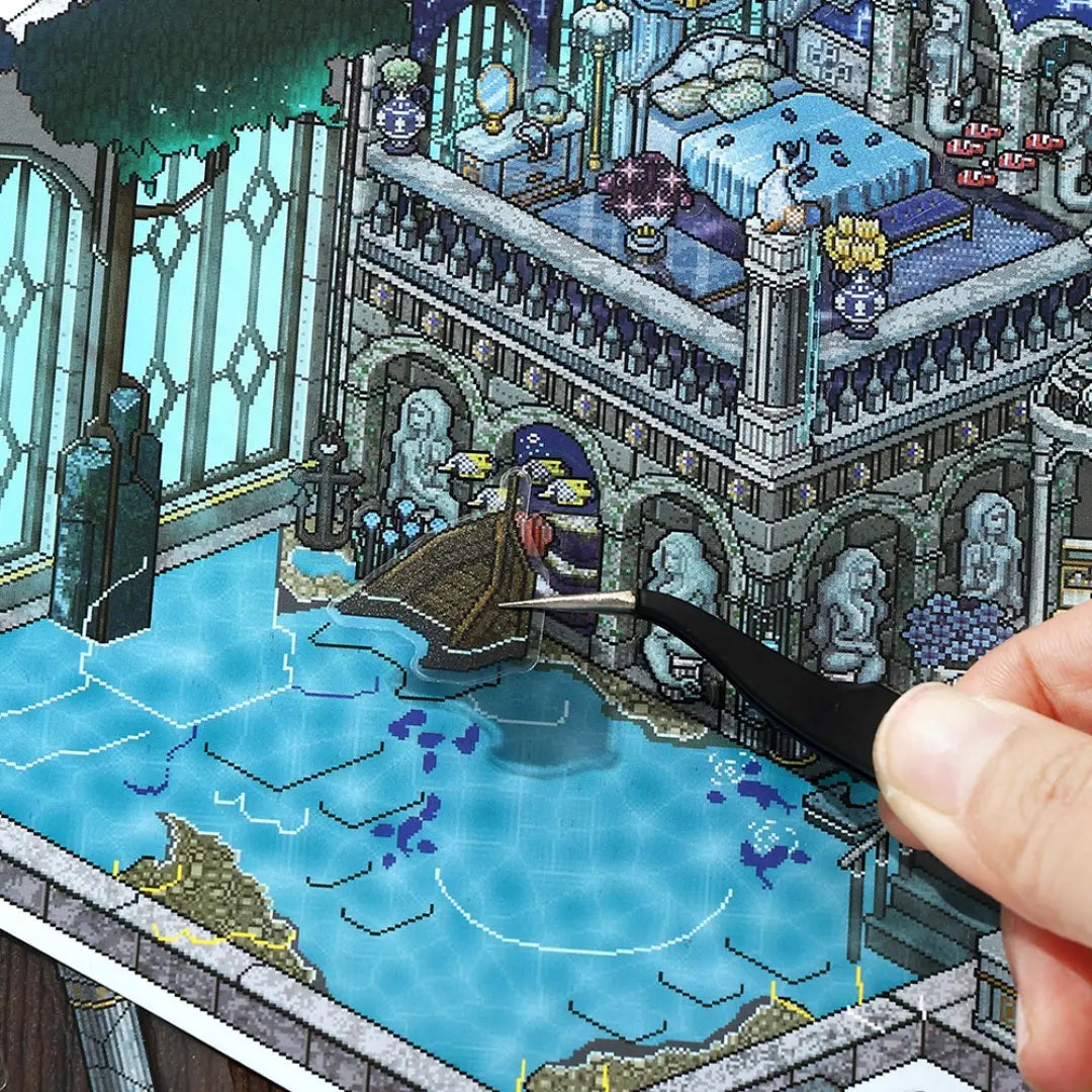Close-up of Deep Sea Manor sticker placement with tweezers and blue manor scene card
